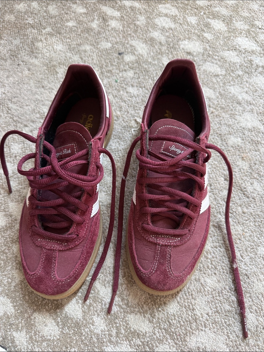 Women’s Burgundy Suede Lace-Up Sneakers with White Stripe, Sporty & Rich collab